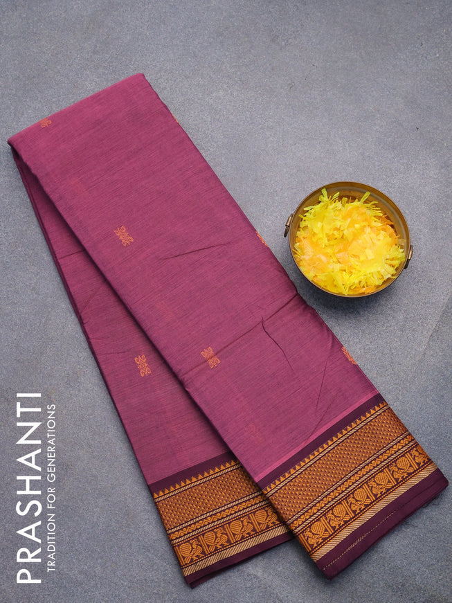 Chettinad cotton saree mauve pink and wine shade with thread woven buttas and thread woven border without blouse