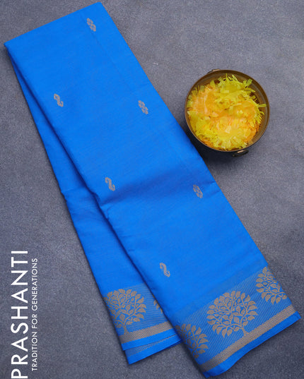 Chettinad cotton saree cs blue with thread woven buttas and thread woven border without blouse