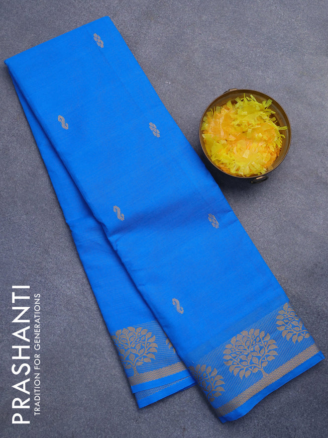 Chettinad cotton saree cs blue with thread woven buttas and thread woven border without blouse