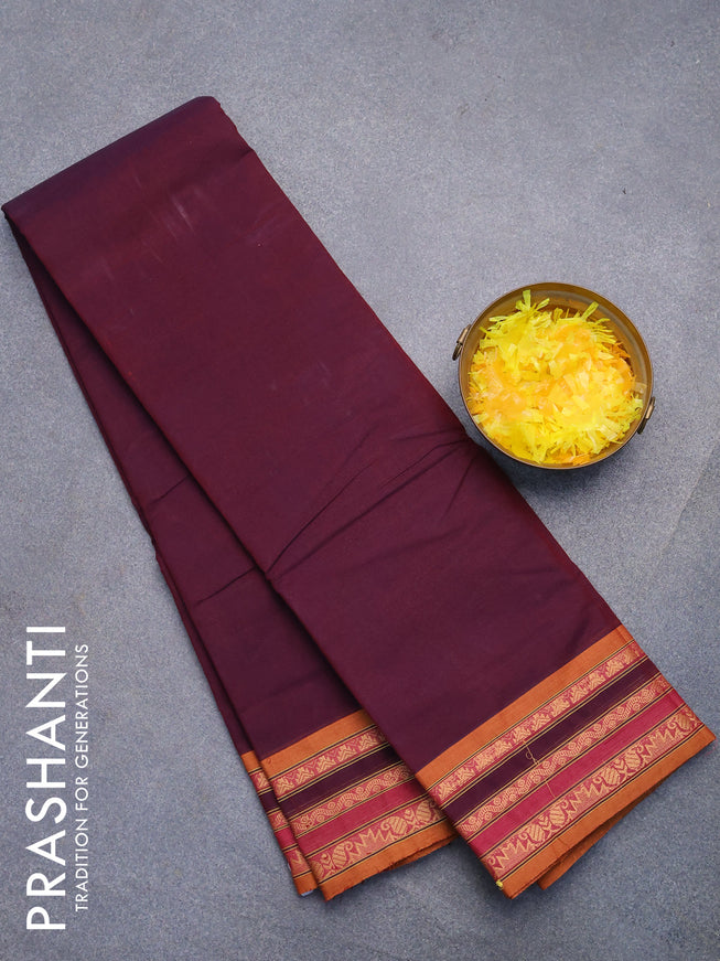 Chettinad cotton saree wine shade and mustard shade with plain body and thread woven border without blouse