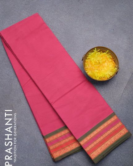 Chettinad cotton saree pink shade and green shade with plain body and thread woven border without blouse