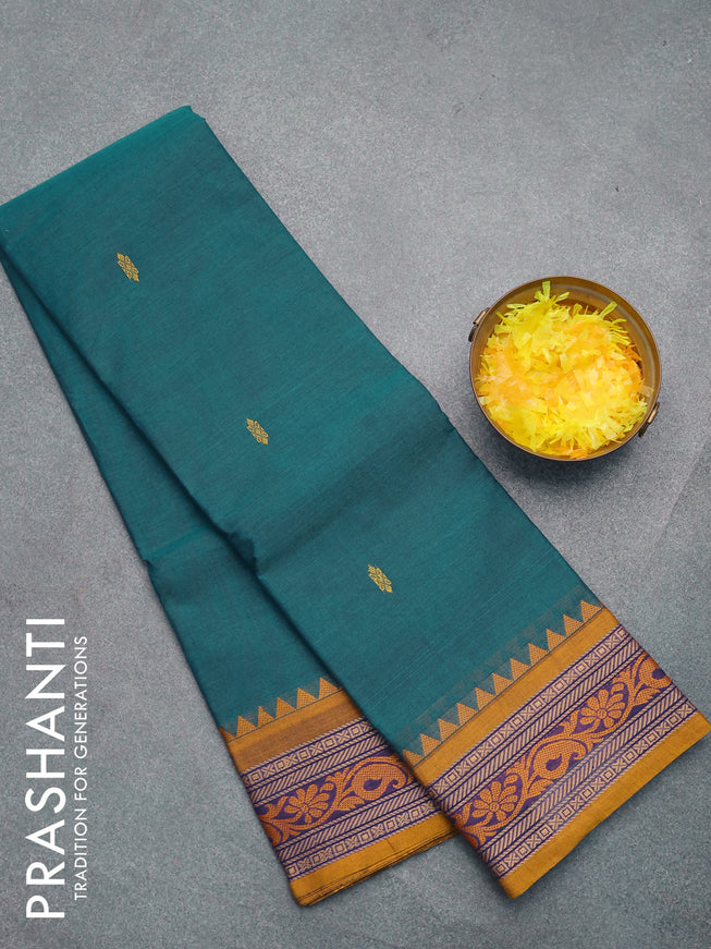 Chettinad cotton saree peacock green and mustard yellow with thread woven buttas and thread woven border without blouse