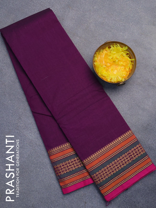 Chettinad cotton saree deep purple and pink with plain body and thread woven border without blouse