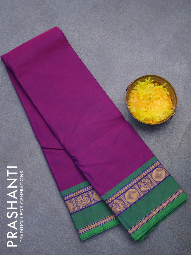 Chettinad cotton saree purple and green with plain body and rudhraksha & annam thread woven border without blouse