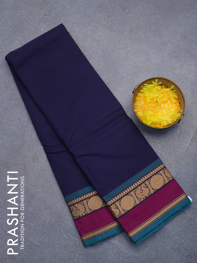 Chettinad cotton saree dark blue and peacock green with plain body and rudhraksha & annam thread woven border without blouse