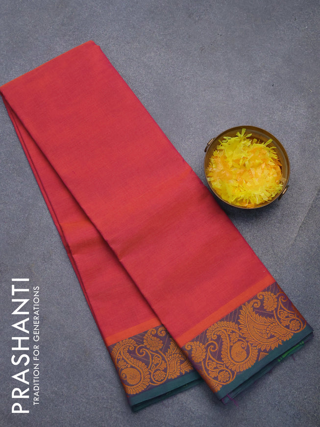Chettinad cotton saree dual shade of pinkish orange and dual shade of green with plain body and thread woven border without blouse