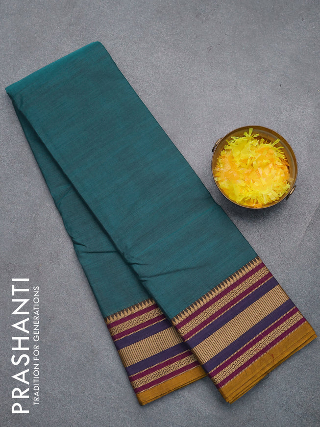 Chettinad cotton saree peacock green and mustard yellow with plain body and thread woven border without blouse