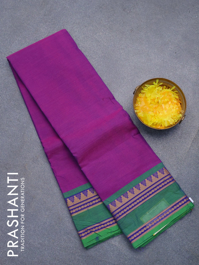 Chettinad cotton saree purple and green with plain body and thread woven border without blouse