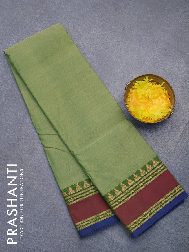 Chettinad cotton saree green shade and blue with plain body and rettapet thread woven border without blouse