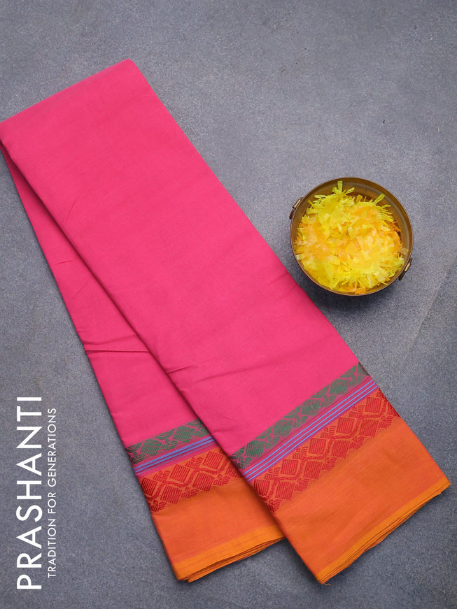 Chettinad cotton saree pink and orange with plain body and thread woven simple border without blouse