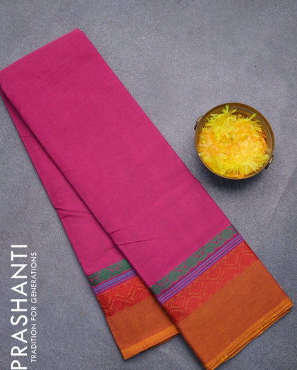 Chettinad cotton saree magenta pink and mustard shade with plain body and thread woven simple border without blouse