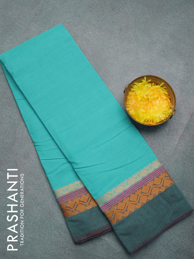 Chettinad cotton saree teal blue with plain body and thread woven simple border without blouse