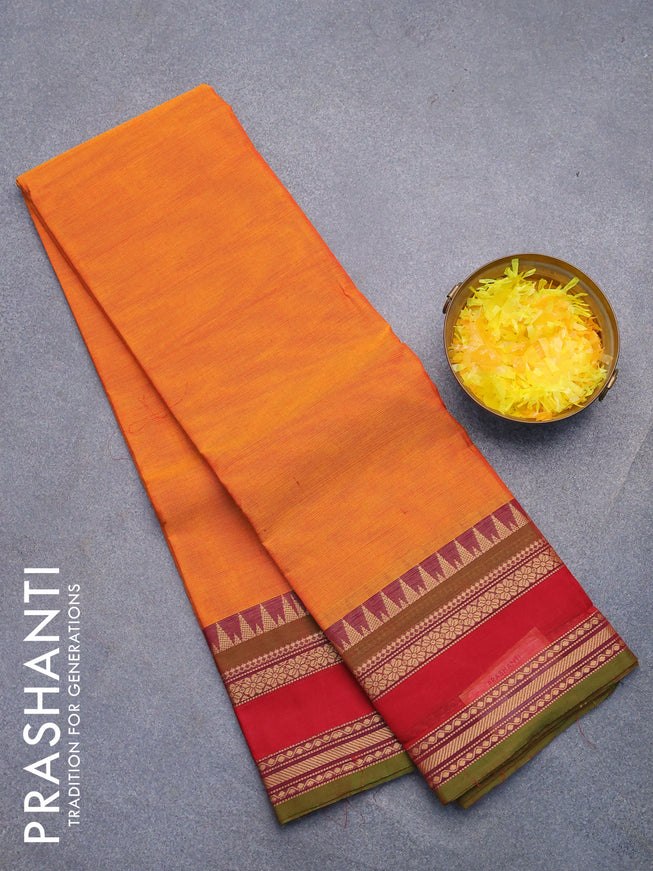 Chettinad cotton saree orange and green shade with plain body and rettapet thread woven border without blouse