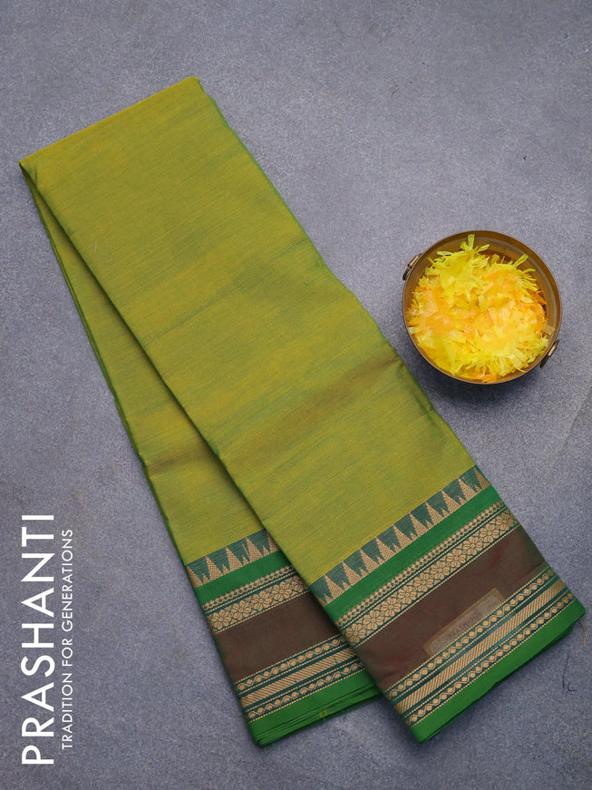 Chettinad cotton saree light green and green with plain body and rettapet thread woven border without blouse
