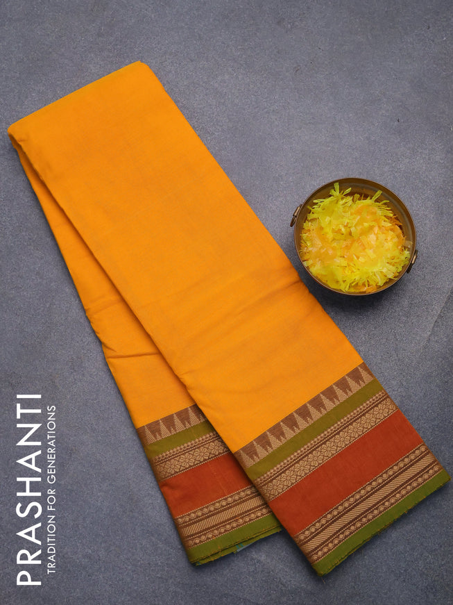 Chettinad cotton saree mango yellow and green shade with plain body and rettapet thread woven border without blouse
