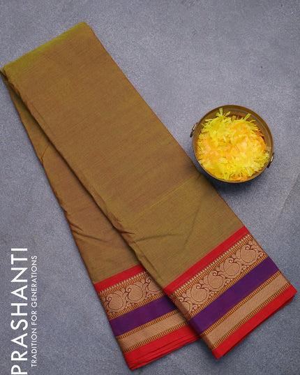 Chettinad cotton saree mehendi green and red with plain body and thread woven border without blouse