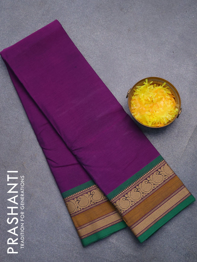 Chettinad cotton saree violet and green with plain body and thread woven border without blouse