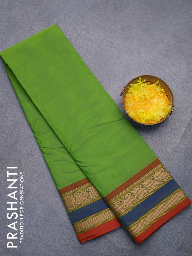 Chettinad cotton saree light green and red shade with plain body and thread woven border without blouse