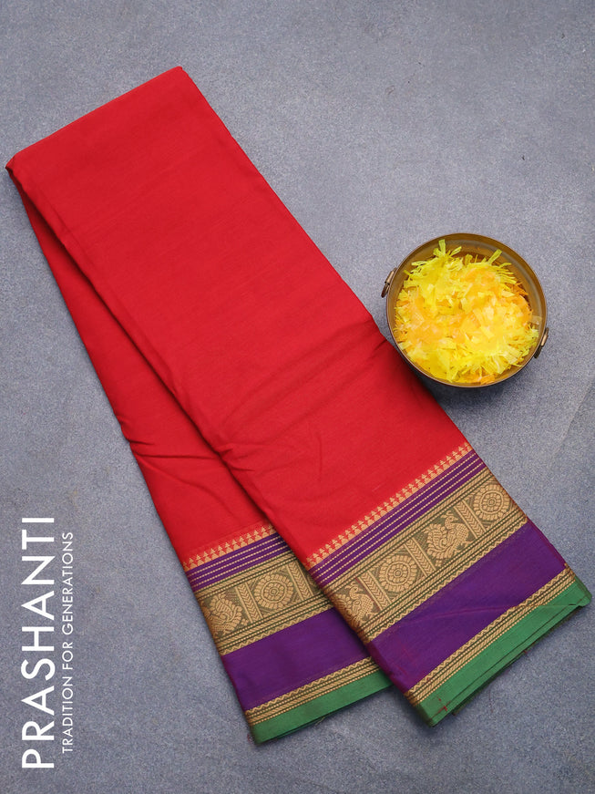 Chettinad cotton saree red and green with plain body and thread woven border without blouse