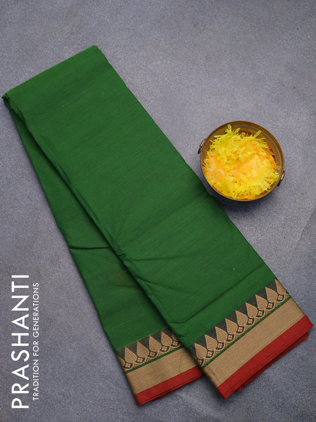 Chettinad cotton saree green and maroon with plain body and thread woven border without blouse