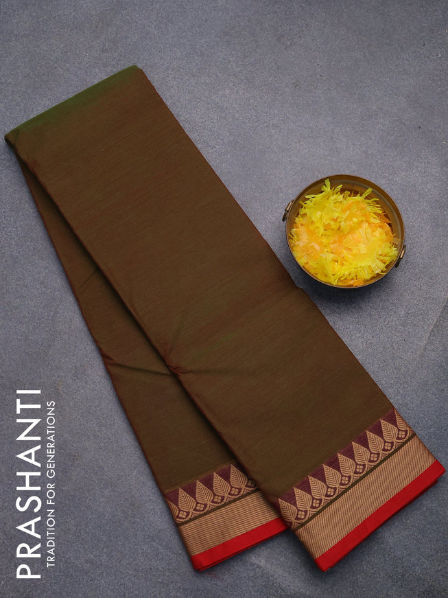 Chettinad cotton saree green shade and red with plain body and thread woven border without blouse