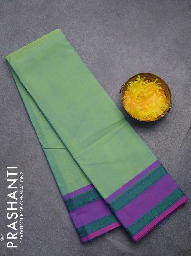 Chettinad cotton saree dual shade of teal green and purple shade with plain body and rettapet thread woven border without blouse
