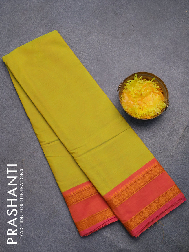Chettinad cotton saree yellow and pink with plain body and rettapet thread woven border without blouse