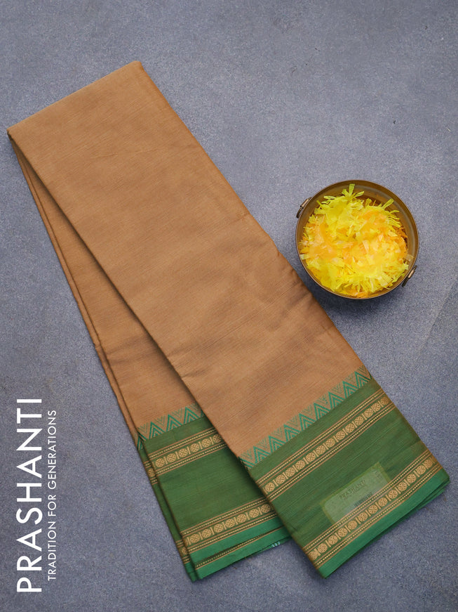 Chettinad cotton saree dark sandal and green with plain body and rettapet thread woven border without blouse