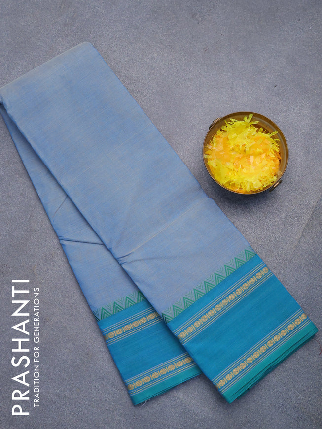 Chettinad cotton saree dual shade of grey and teal blue with plain body and rettapet thread woven border without blouse