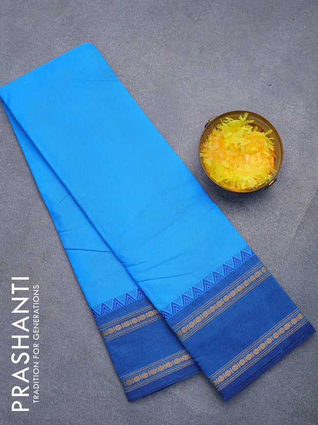 Chettinad cotton saree light blue and blue with plain body and rettapet thread woven border without blouse