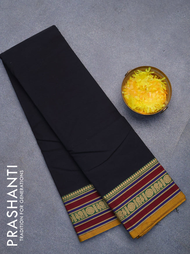 Chettinad cotton saree black and mustard yellow with plain body and thread woven border without blouse