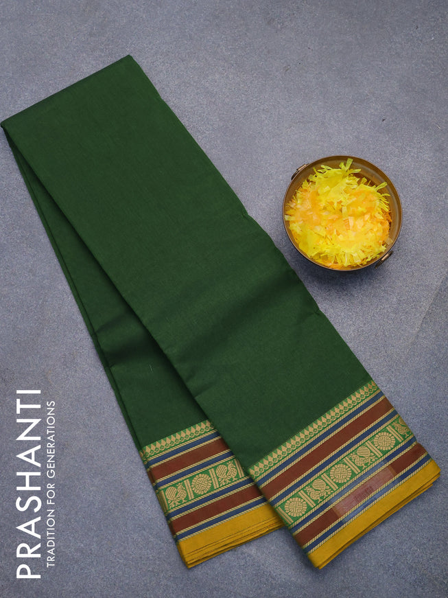 Chettinad cotton saree sap green and mustard yellow with plain body and thread woven border without blouse