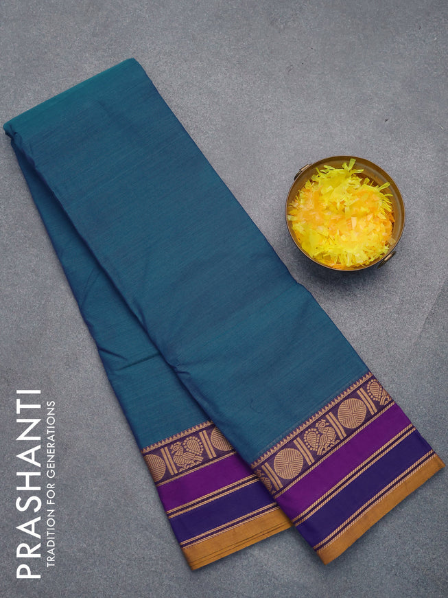 Chettinad cotton saree dual shade of blue and mustard shade with plain body and thread woven border without blouse