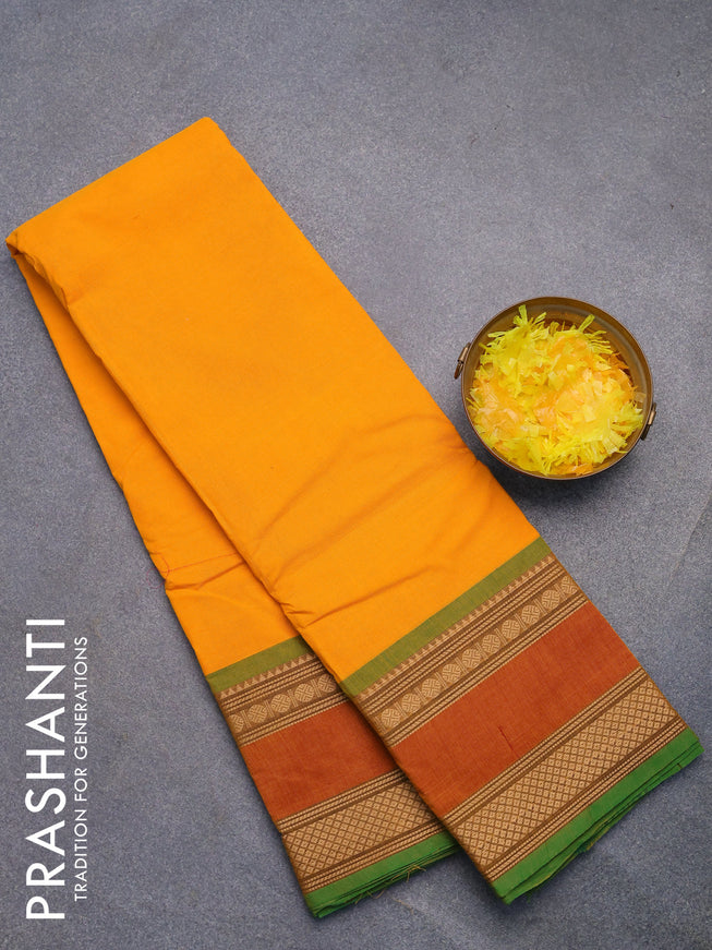 Chettinad cotton saree mango yellow and green with plain body and rettapet thread woven border without blouse