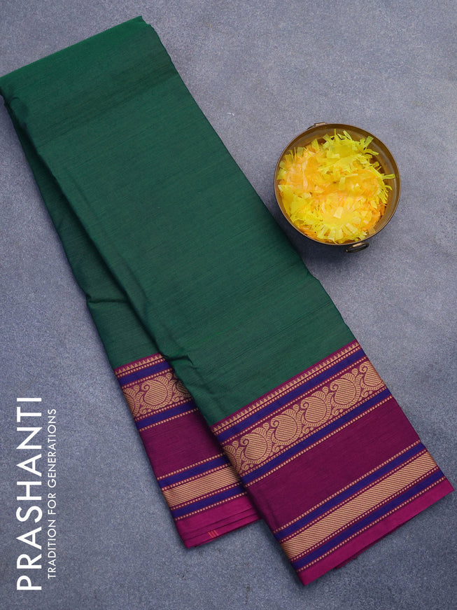 Chettinad cotton saree green and purple with plain body and rettapet thread woven border without blouse