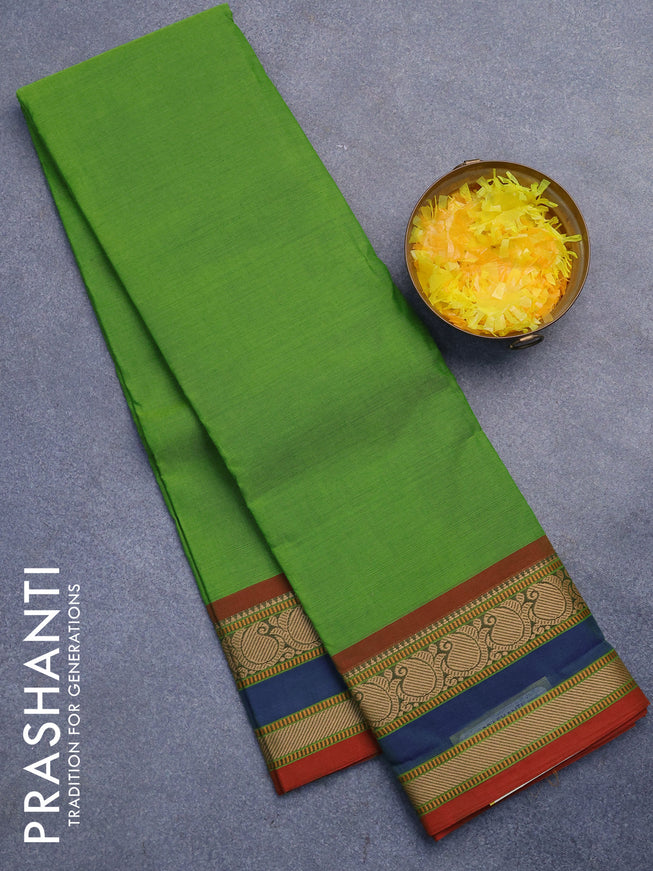 Chettinad cotton saree light green and red with plain body and thread woven border without blouse