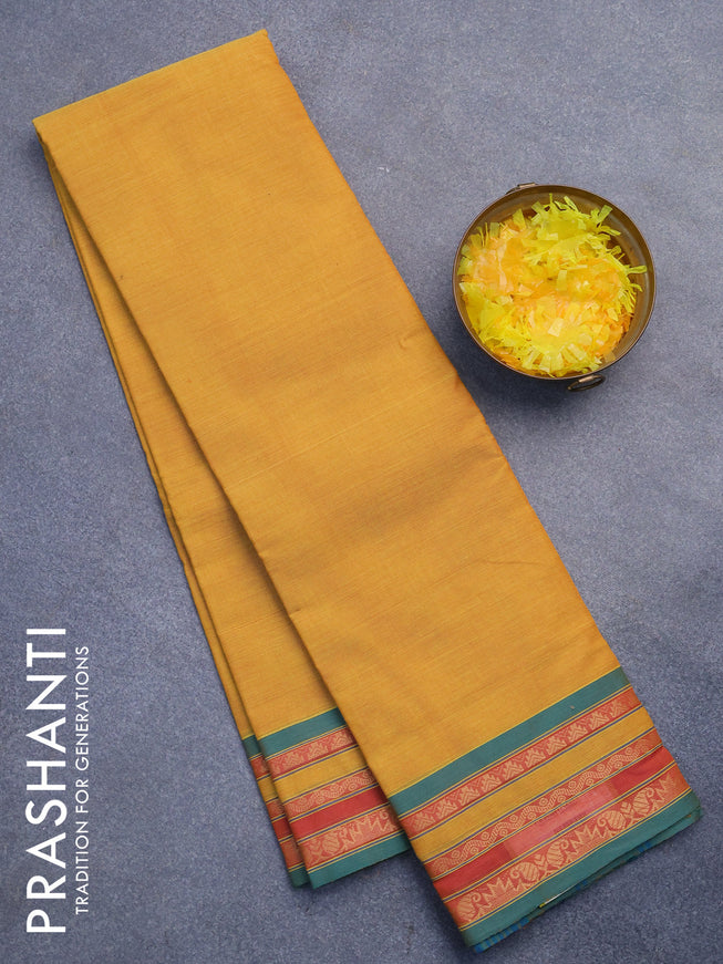 Chettinad cotton saree mustard yellow and teal green with plain body and thread woven border without blouse