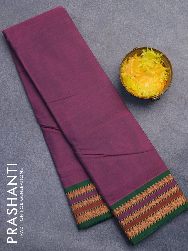 Chettinad cotton saree mild purple and green with plain body and thread woven border without blouse