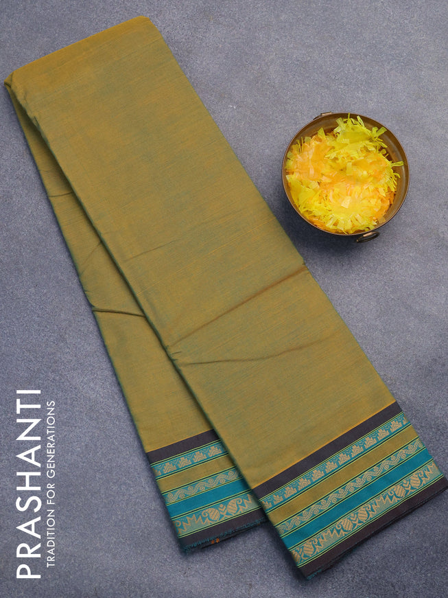 Chettinad cotton saree dual shade of yellowish green and teal green with plain body and thread woven border without blouse