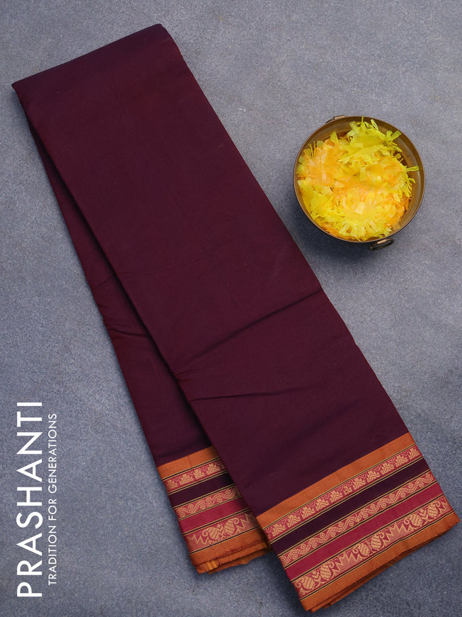 Chettinad cotton saree deep jamun shade and mustard yellow with plain body and thread woven border without blouse