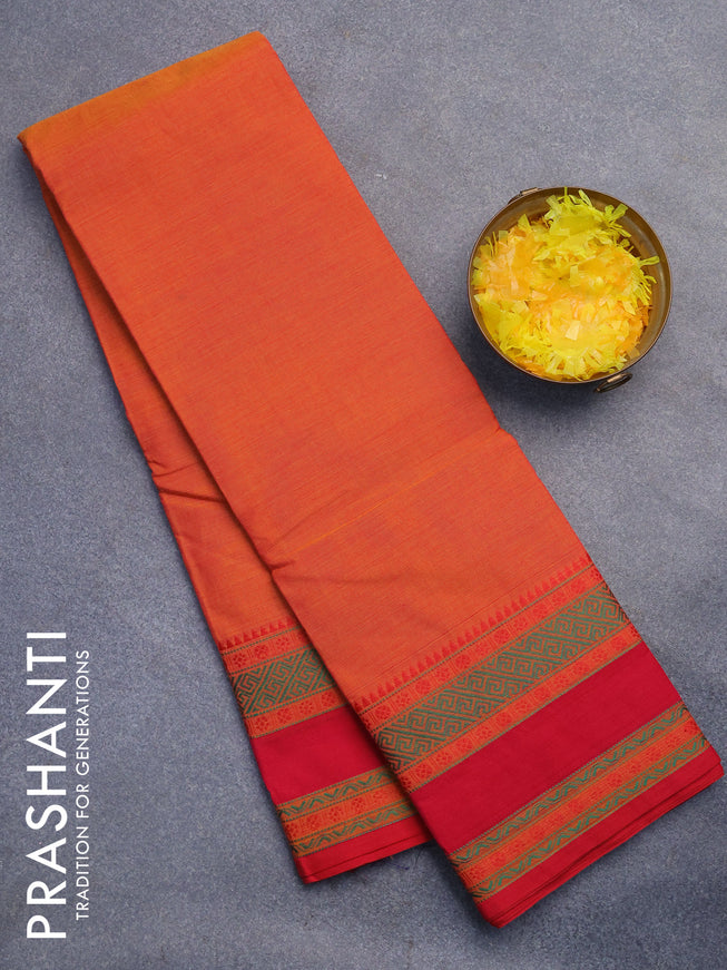 Chettinad cotton saree sunset orange and pink with plain body and rettapet thread woven border without blouse