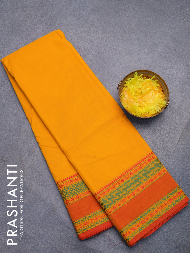 Chettinad cotton saree mango yellow and red with plain body and rettapet thread woven border without blouse