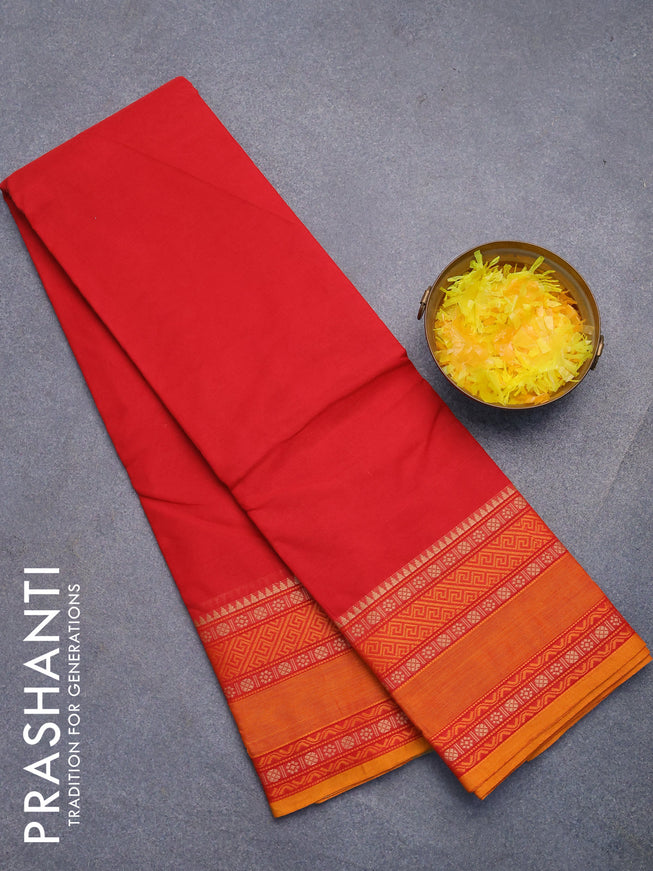 Chettinad cotton saree red and mustard shade with plain body and rettapet thread woven border without blouse