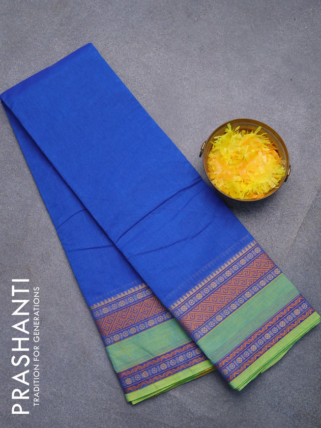 Chettinad cotton saree blue and light green with plain body and rettapet thread woven border without blouse
