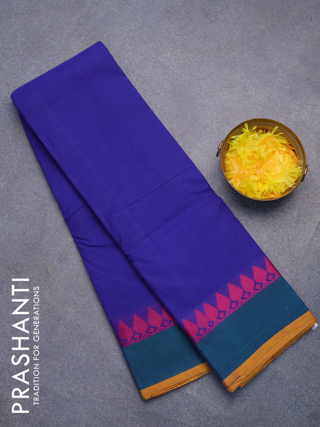 Chettinad cotton saree blue and mustard shade with plain body and thread woven border without blouse