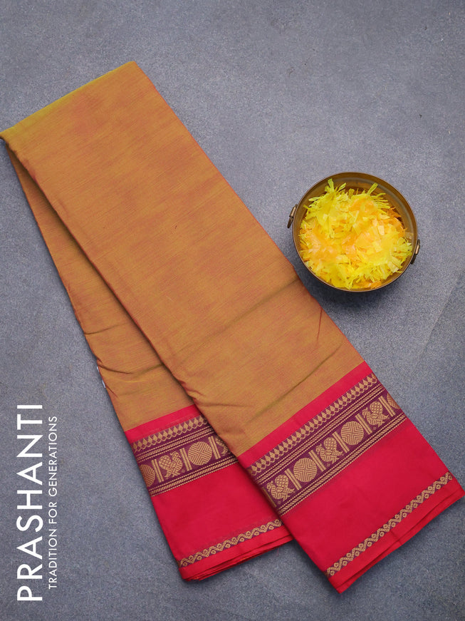 Chettinad cotton saree dual shade of green and pink with plain body and thread woven simple border without blouse