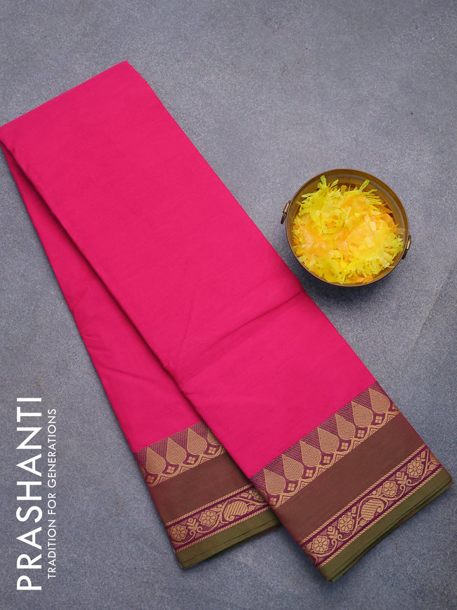 Chettinad cotton saree pink and dual shade of green with plain body and rettapet thread woven border without blouse