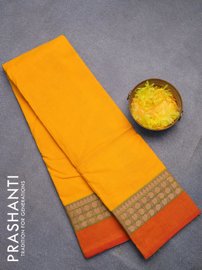 Chettinad cotton saree mango yellow and red shade with plain body and thread woven simple border without blouse