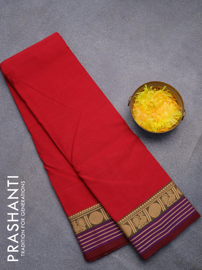 Chettinad cotton saree red and deep maroon with plain body and rudhraksha thread woven border without blouse