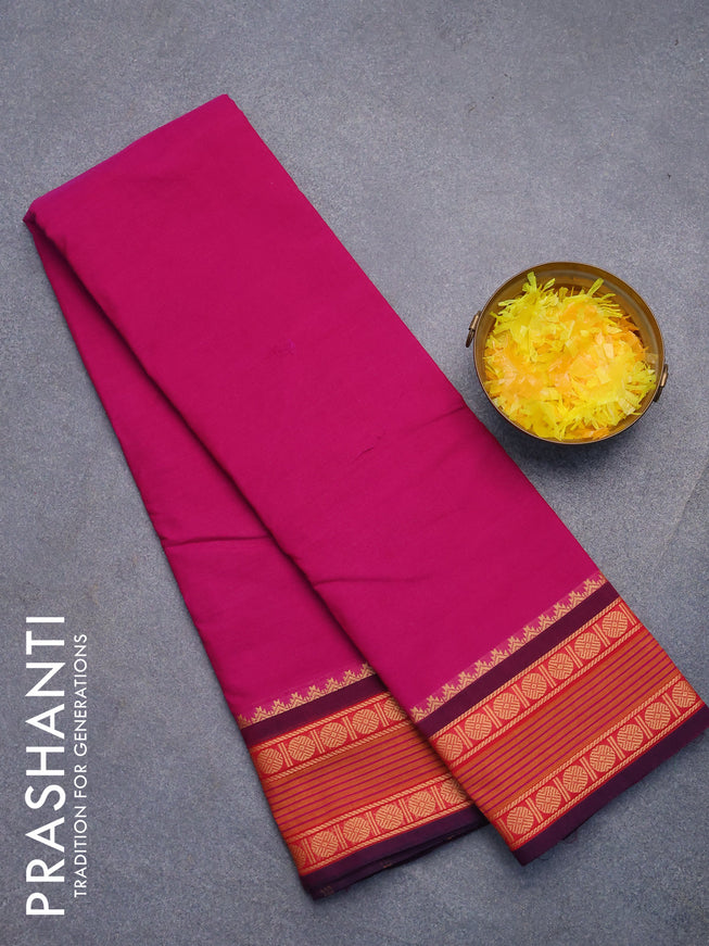 Chettinad cotton saree magenta pink with plain body and rudhraksha thread woven border without blouse